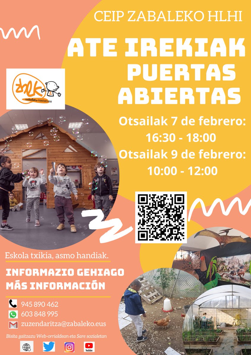 Jada baditugu aurtengo #ateirekiak jardunaldietarako datak. Etorri gure eskola ezagutzera! 🌟

Ya tenemos fechas para las jornadas de #PuertasAbiertas. Ven a conocer nuestra escuela! 🌟

#zabaleko #ateirekiak #amurriokoeskolapublikoa #euskaleskolapublikoa #zabalekobizirik