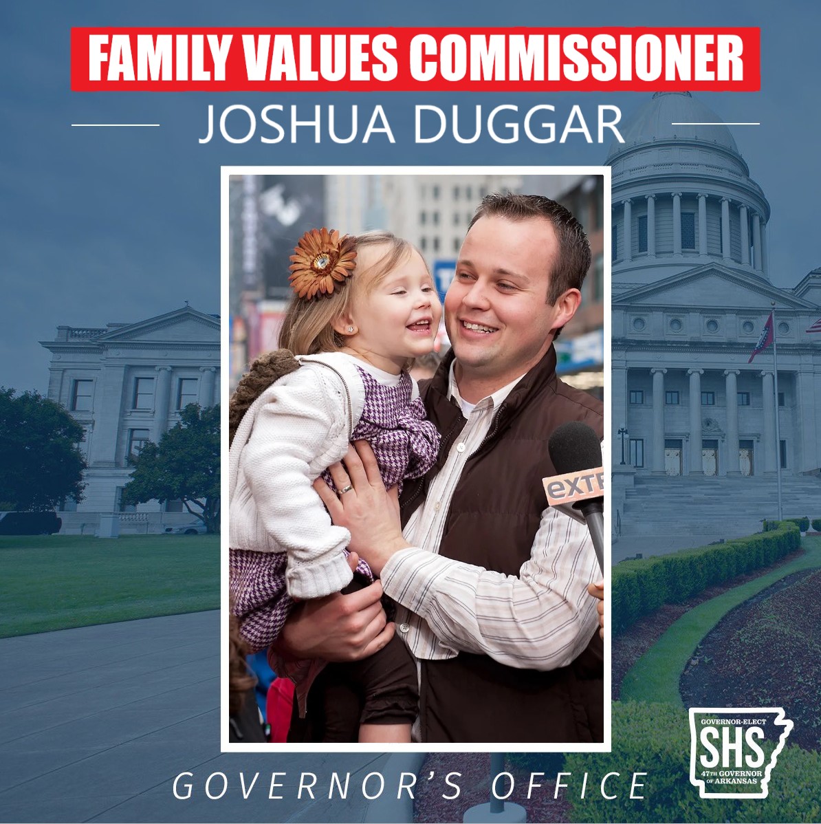 Our new Family Values Commission will help lead our removal of CRT from classrooms, our ban on public drag shows, and our pushback against China/TikTok harvesting our children's data. Happy to appoint as commissioner the #1 expert on Arkansas family values, Josh Duggar!