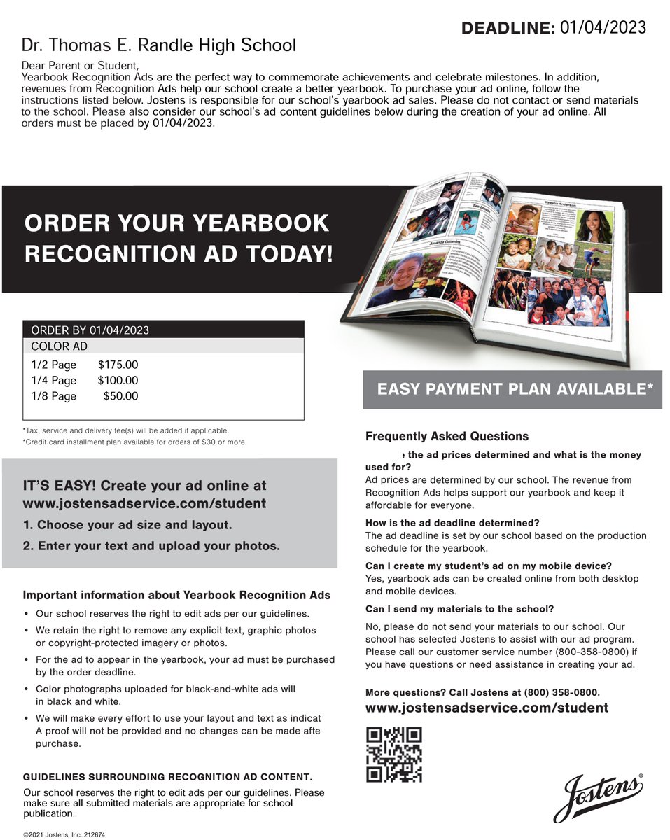 Randle Parents - buy a recognition ad or shout-out for your child. Deadline extended. This is a perfect way to celebrate them and their accomplishments.