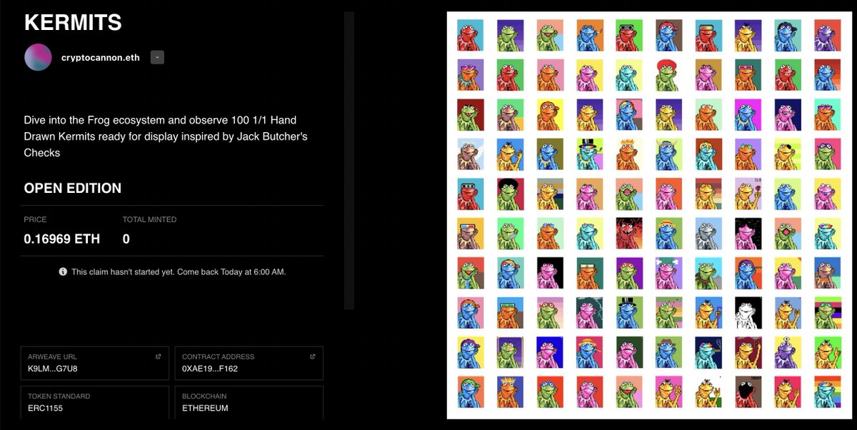 KERMITS Inspired by <a href="/jackbutcher/">jack</a> 
 
10 minute open edition.

3pm EST

0.16969 Ξ

GO!!!