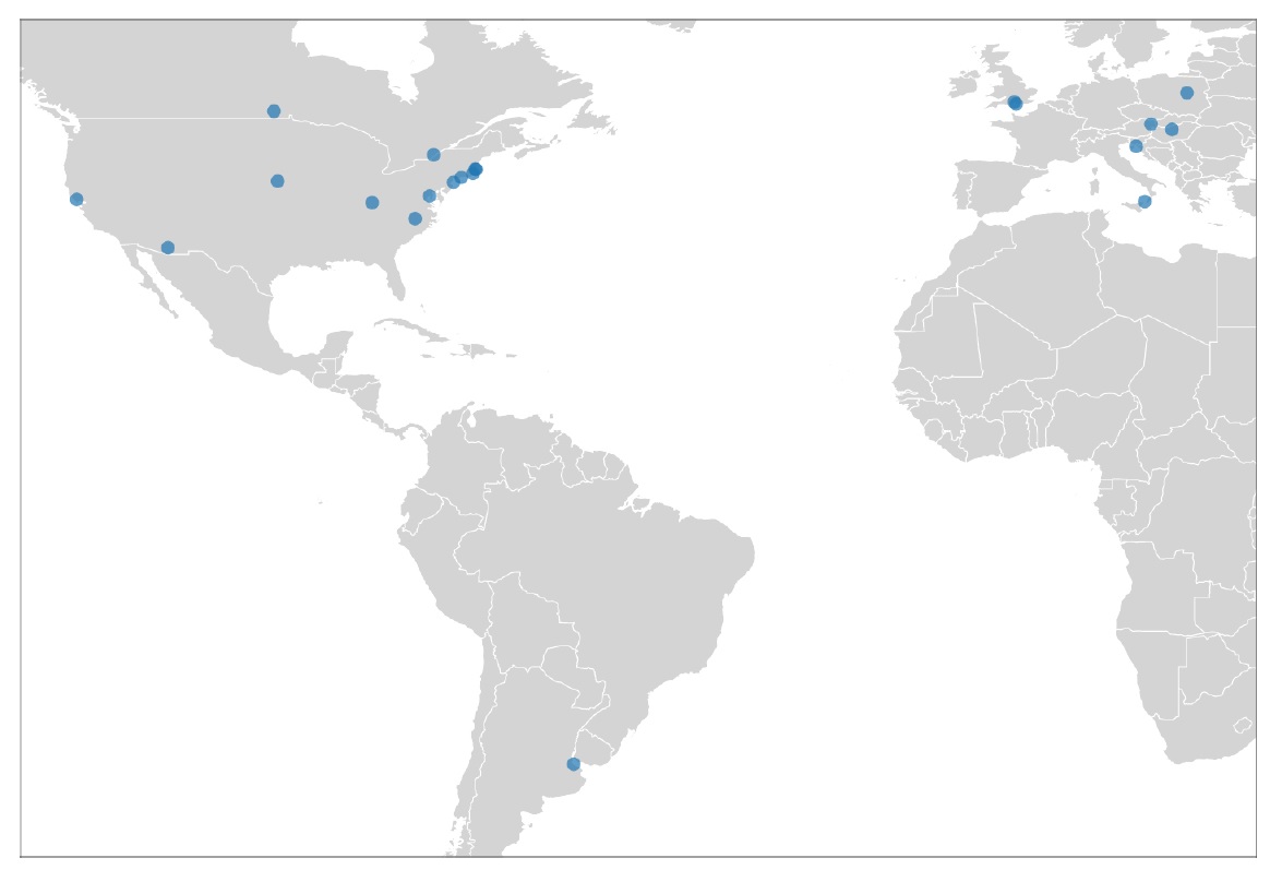 A map of the current distribution of ManyDogs contributing labs, located throughout the United States, Canada, Argentina, the United Kingdom, Italy, Croatia, Poland, Hungary, and Austria.