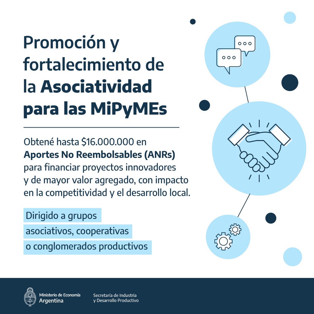 Los proyectos asociativos son clave para el desarrollo y crecimiento industrial.

Desde <a href="/produccion_arg/">Secretaría de Industria y Desarrollo Productivo</a> contamos con una línea de financiamiento que promueve la asociatividad entre PyMEs y cooperativas para que puedan desarrollarse y crecer. 👇🏼
argentina.gob.ar/servicio/acced…