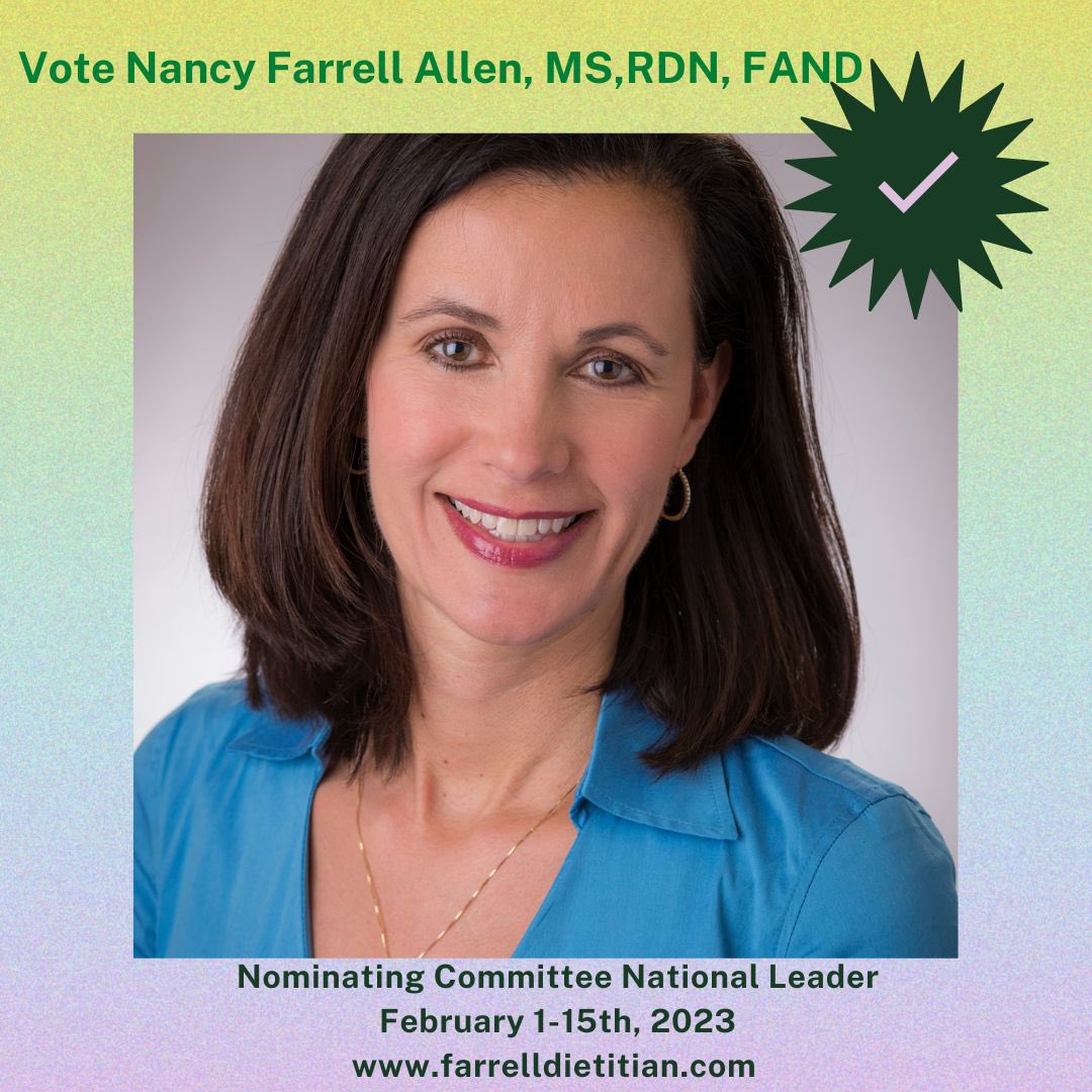 To my RDN colleagues. I have been selected to run for office on the Academy of Nutrition and Dietetics ballot; as a Nominating Committee National Leader. I'd be very grateful for your support! Please participate in voting beginning February 1st. #eatrightpro
