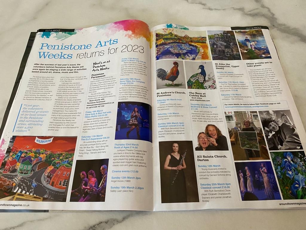 Penistone Arts Week (@penartsweek) on Twitter photo We love our feature in the latest <a href="/AroundTown_Mag/">Aroundtown Magazine</a>. What a "week" we have planned for you. More events being added and the full programme will be released soon.
#PAW2023 We love our feature in the latest <a href="/AroundTown_Mag/">Aroundtown Magazine</a>. What a "week" we have planned for you. More events being added and the full programme will be released soon.
#PAW2023