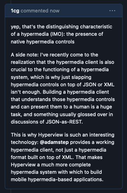 from a discussion on the hypermedia.systems github repo:

github.com/bigskysoftware…

a hypermedia API w/o a hypermedia client is like a fish w/o a bicycle, but where the fish is really only good at bicycling...