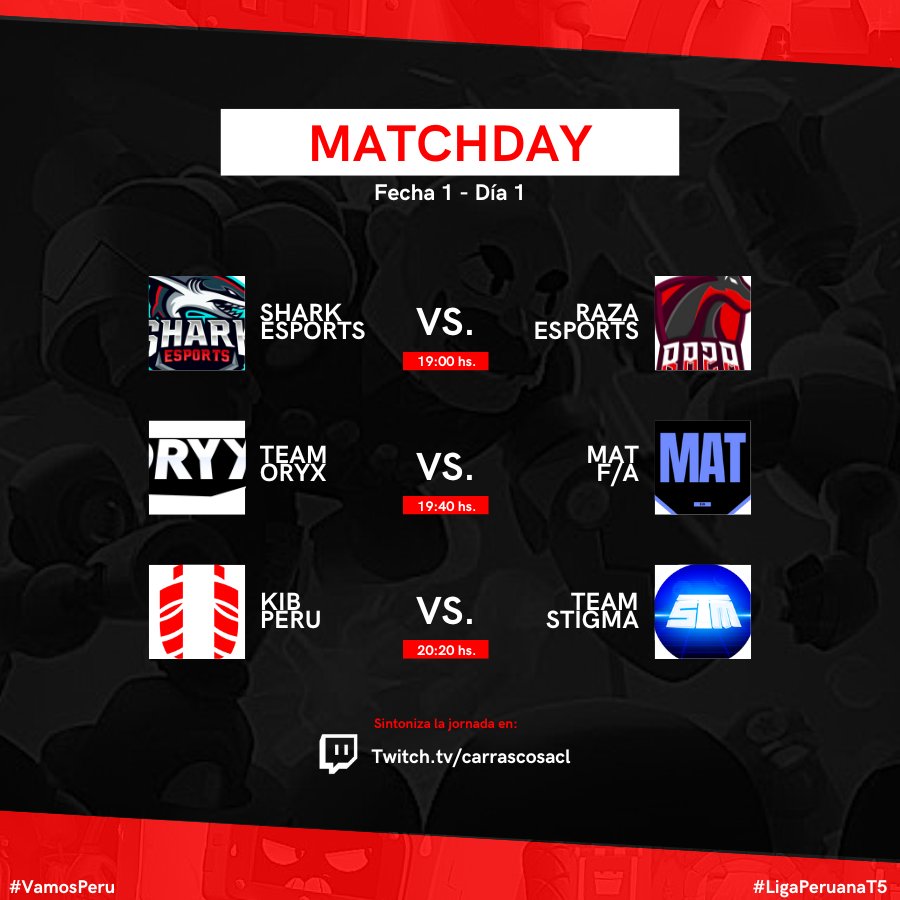 LigaPeruana_BS's tweet photo. #Matchday • Fecha 1 (Día 1)

¡Hoy empieza una nueva temporada de la Liga Peruana! 🤩

⚔️ | @SharkEsports_GG vs. @Raza_Esports

⚔️ | @TeamOryx2 vs. #MAT

⚔️ | #KIBPeru vs. #Stigma

🕰️ • 19:00hs 🇵🇪
🎙️ • @carrascoosaa
📺 • https://t.co/BNnJ3xIshx

#VamosPeru • #LigaPeruana https://t.co/EiS3afkPkv