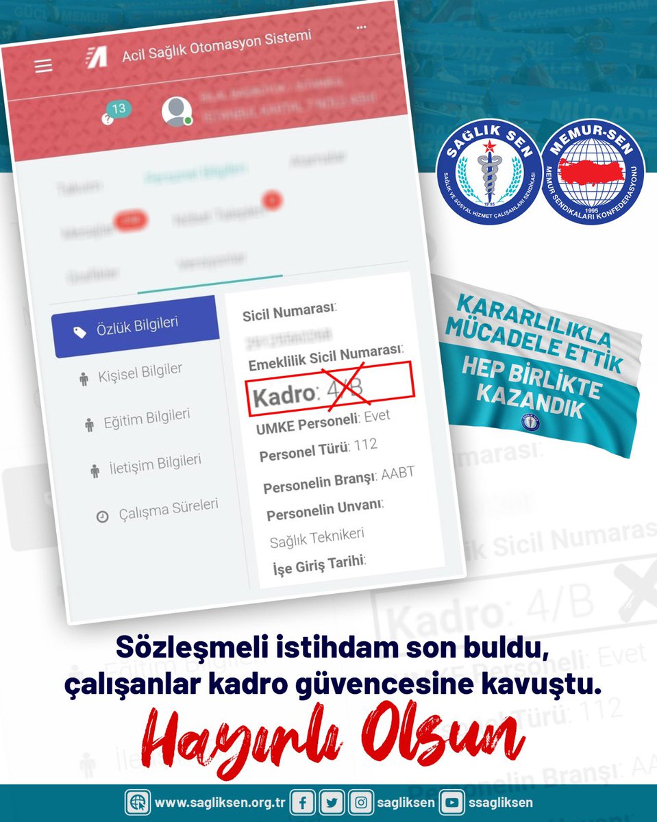 ✅ 2021 yılında imzaladığımız 6. Dönem Toplu Sözleşme ile garantiye aldığımız "SÖZLEŞMELİLERE KADRO" düzenlemesi TBMM'de kabul edilerek yasalaştı.

☑️4b'liler,
☑️3+1'ler,
☑️4cb'liler,
☑️Vekil ebe-hemşireler,
☑️Kamu dışı aile sağlığı çalışanları,
ARTIK KADROLU, hayırlı olsun...