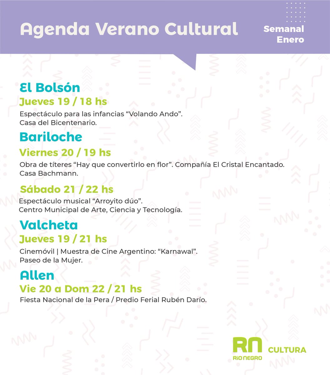rncultura's tweet photo. 💃🏻¡Llegó la Agenda cultural!

🤹🏻‍♀️ Circo, obras de teatro y cine en Las Grutas, el Festival Sentí Cultura en Lago Pellegrini, la Fiesta Nacional de la Pera en Allen, y espectáculos para las infancias en la Zona Andina son algunas de las propuestas.

🙌 ¿dónde lo disfrutás? https://t.co/xmGjZ2ywvl