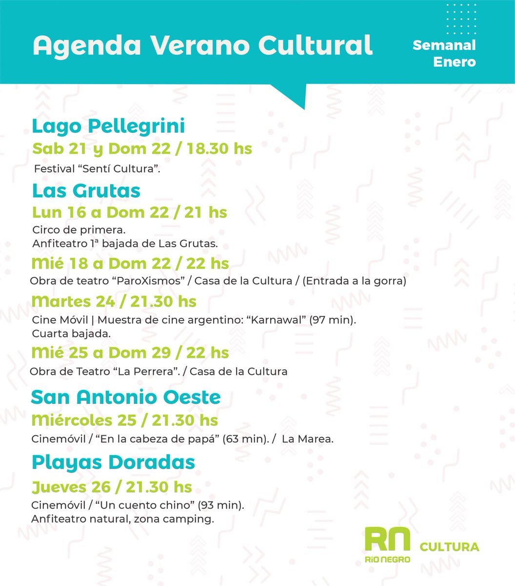 💃🏻¡Llegó la Agenda cultural!

🤹🏻‍♀️ Circo, obras de teatro y cine en Las Grutas, el Festival Sentí Cultura en Lago Pellegrini, la Fiesta Nacional de la Pera en Allen, y espectáculos para las infancias en la Zona Andina son algunas de las propuestas.

🙌 ¿dónde lo disfrutás?