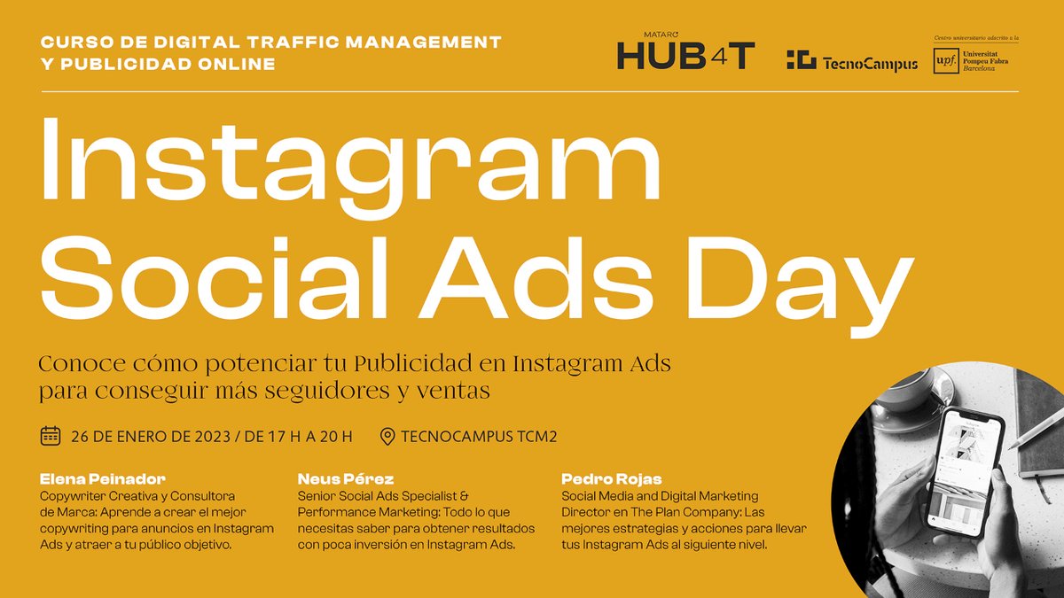 ¡ÚLTIMAS PLAZAS! 📲 Asiste al INSTAGRAM SOCIAL ADS DAY 🤩
 
Conocerás cómo potenciar tu publicidad y #seguidores y #ventas de la mano de referentes del sector ➡️ <a href="/SeniorManager/">Pedro Rojas</a>, <a href="/copyPeinador/">Elena Peinador</a>, <a href="/neusperezsoler/">Neus Pérez Soler</a>

🗓️ 26/01 
🕓 17 a 20h
📍 <a href="/TecnoCampus/">TecnoCampus</a>

👇
bit.ly/3IzXD3Z