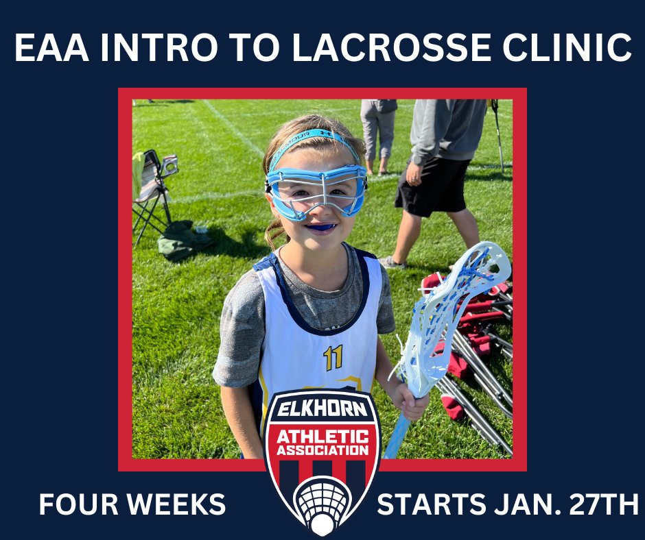 One week until the Intro to Lacrosse Clinic! Come try out lacrosse without the investment of equipment at an introductory rate with EAA Lacrosse! Clinic is for boys and girls 9-14 years old. Clinic starts Jan. 27th. For more info and to register: elkhornathletics.org/lacrosse