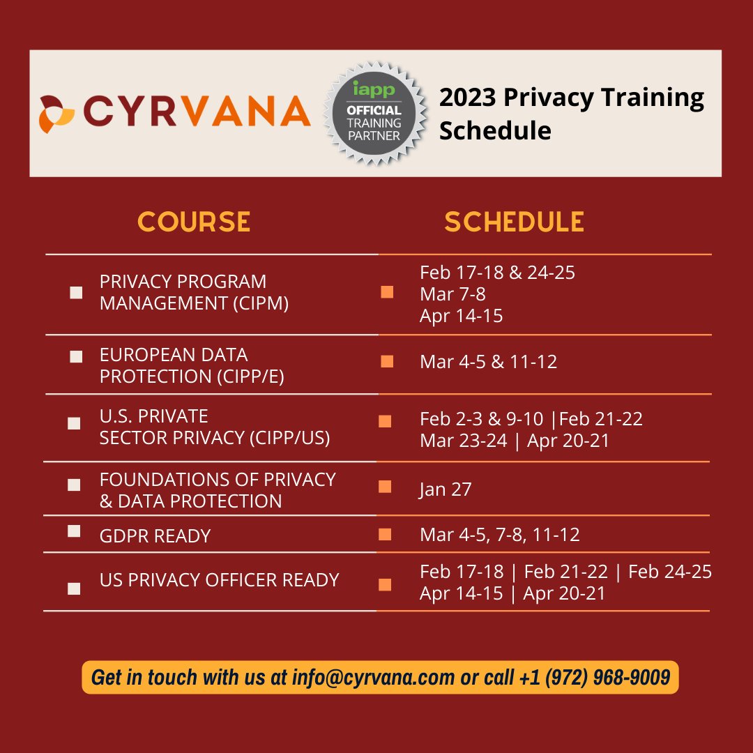 CYRVANA's tweet photo. As an Official Training Partner of #IAPP, #CYRVANA offers the #ISO/ANSI accredited certifications in privacy: #CIPM #CIPT #CIPPE #CIPPUS. Look for our broad range of #courses in 2023 #Cybersecurity &amp; #Privacy at https://t.co/8aN9N0omMx #CISO #DPO @PrivacyPros #privacyprotection https://t.co/oB6UOMTRKP