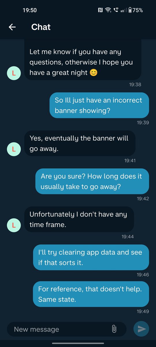 Had a stuck "account blocked" message in <a href="/monzo/">Monzo 🏦</a>, gone through 3 support people, think they've given up and resorted to the great fixer of "wait until the issue goes away" 😅