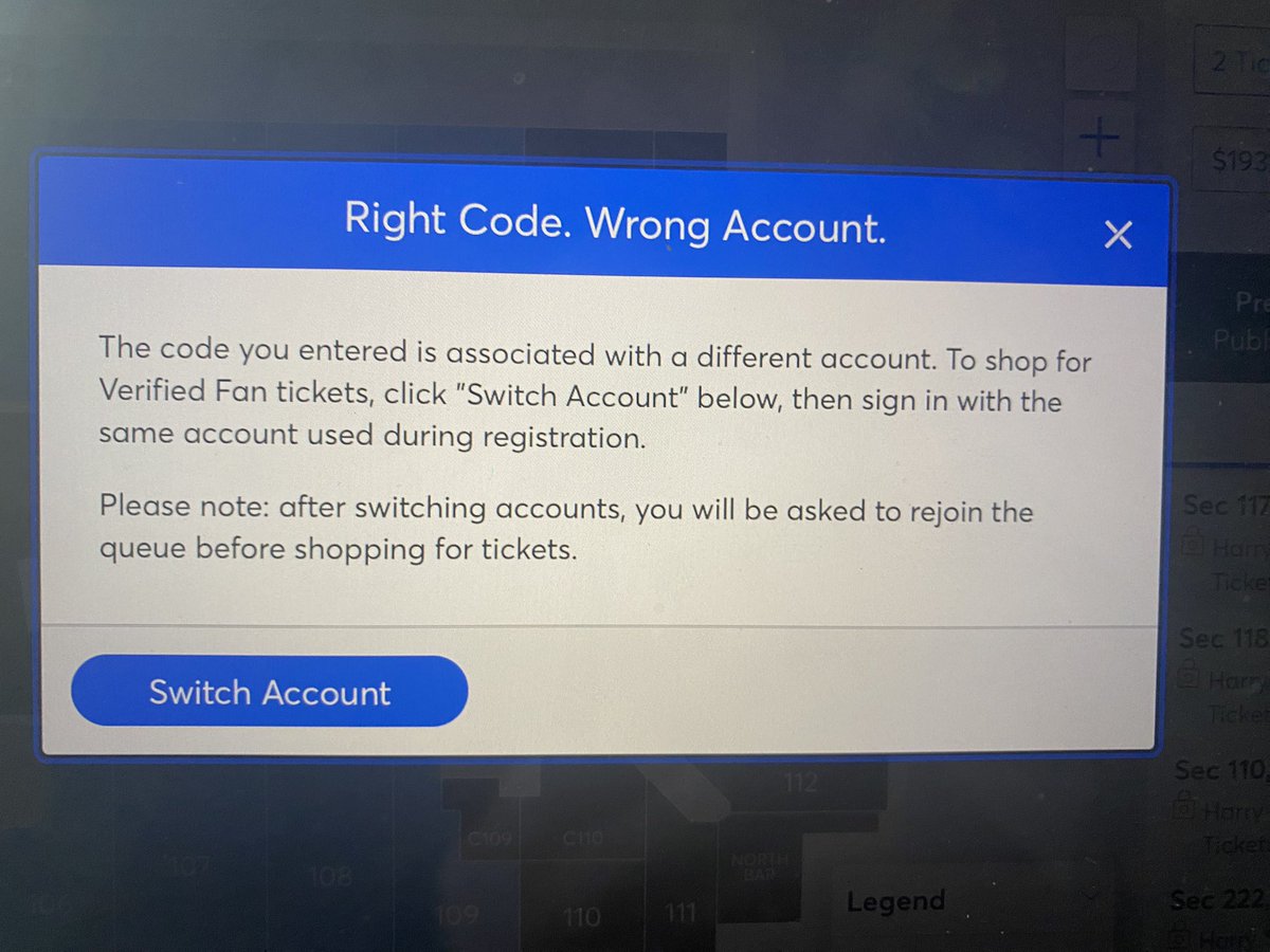 castrodaniela's tweet photo. @kenahaugh @simoneistrash Hey! So, Ticketmaster got smarter and the codes can’t be shared. It recognizes the account associated with it and it gives me an error if I try to use it with a different account https://t.co/c4KeCQjwDx