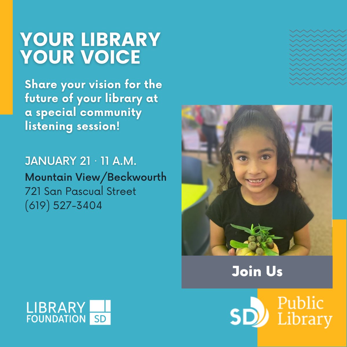 SDPublicLibrary's tweet photo. Meet the library team, learn about @libraryfoundationsd & share your thoughts on the direction of San Diego Public Library! We're holding 3 listening sessions this Saturday at #MountainViewLibrary, #SerraMesaLibrary & #LindaVistaLibrary! Don't miss out. https://t.co/M4JZMT421y https://t.co/EKyTqZIrAH