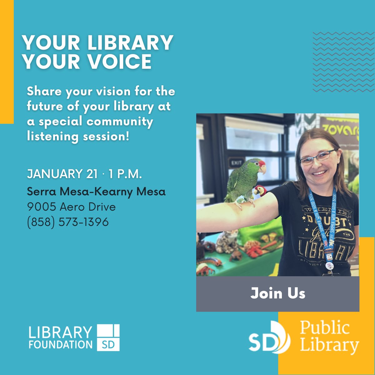SDPublicLibrary's tweet photo. Meet the library team, learn about @libraryfoundationsd & share your thoughts on the direction of San Diego Public Library! We're holding 3 listening sessions this Saturday at #MountainViewLibrary, #SerraMesaLibrary & #LindaVistaLibrary! Don't miss out. https://t.co/M4JZMT421y https://t.co/EKyTqZIrAH
