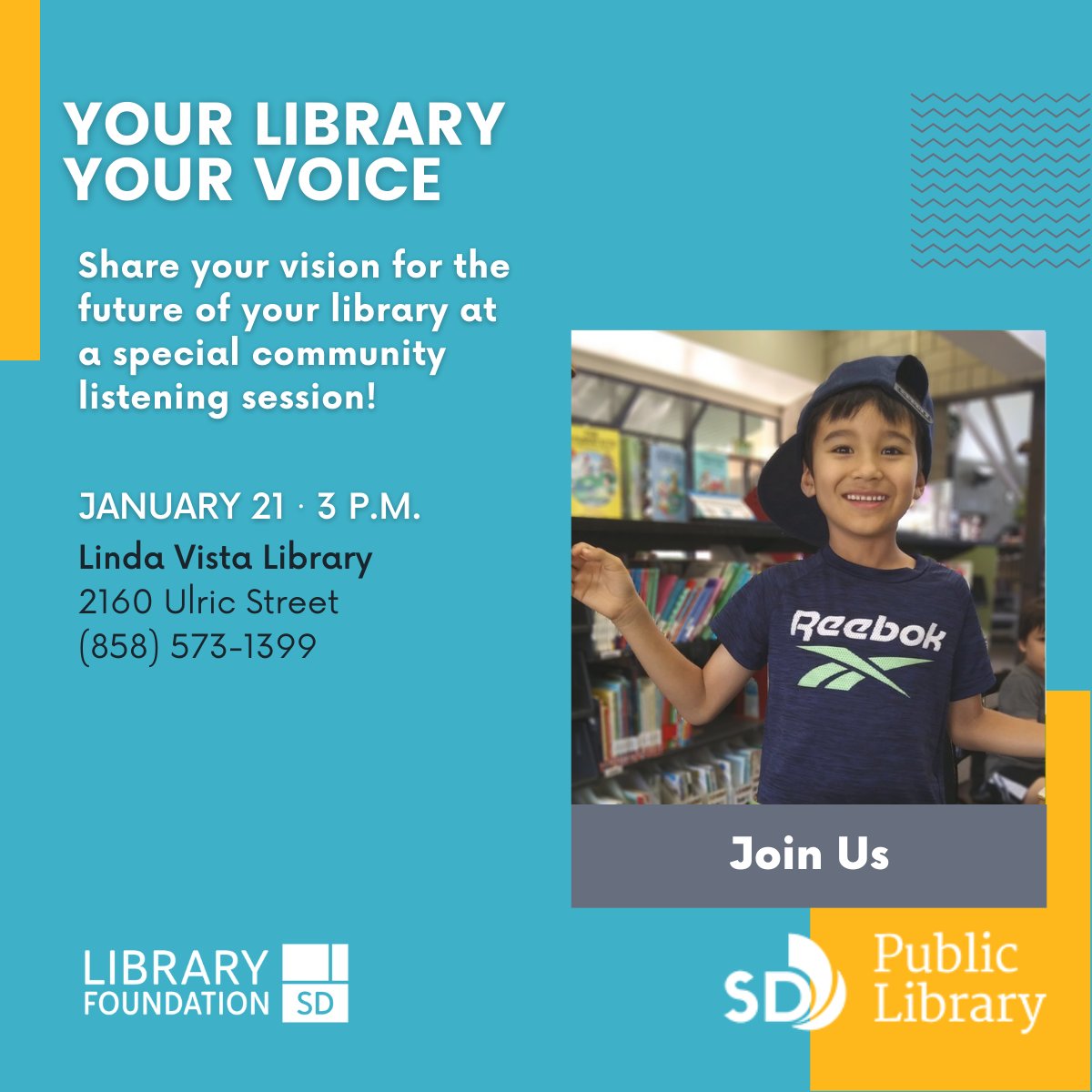 SDPublicLibrary's tweet photo. Meet the library team, learn about @libraryfoundationsd & share your thoughts on the direction of San Diego Public Library! We're holding 3 listening sessions this Saturday at #MountainViewLibrary, #SerraMesaLibrary & #LindaVistaLibrary! Don't miss out. https://t.co/M4JZMT421y https://t.co/EKyTqZIrAH