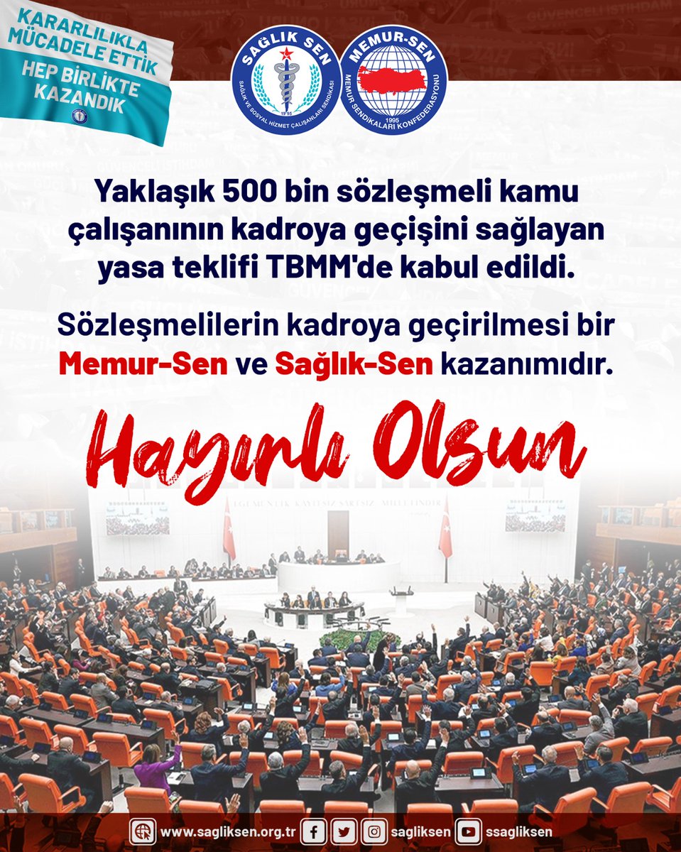 sagliksen's tweet photo. ☑️ Yaklaşık 500 bin sözleşmeli kamu çalışanının kadroya geçişini sağlayan yasa teklifi TBMM'de kabul edildi

4b'li, 3+1'li, 4cb'li sözleşmeliler ile vekil ebe-hemşireler ve kamu dışı aile sağlığı çalışanları kadro güvencesine kavuştu.

Hayırlı olsun. https://t.co/oay7V6525H