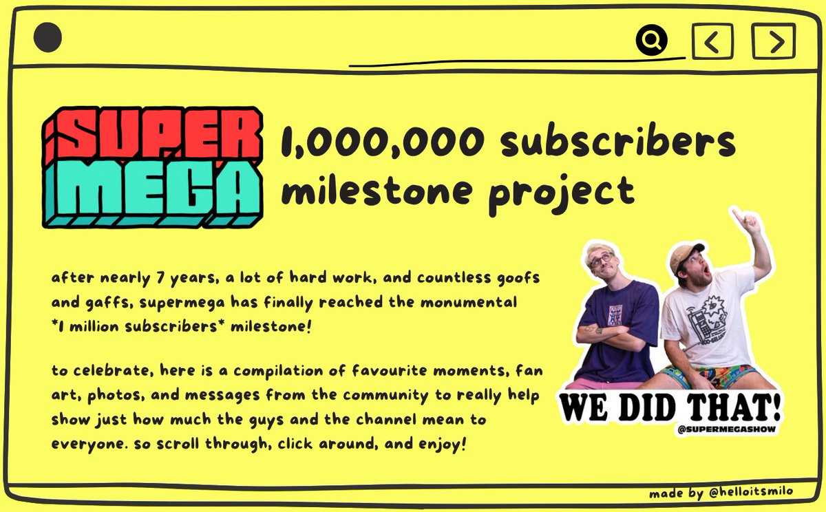 helloitsmilo's tweet image. well… they’ve finally done it. those @SuperMegaShow boys finally hit 1 million subscribers!

with the help of the community, i put together a little website filled with memories from through the years. 

congrats, boys ❤️ @matthwatson @elirymagee 

✨supermegamillion.my.canva.site✨