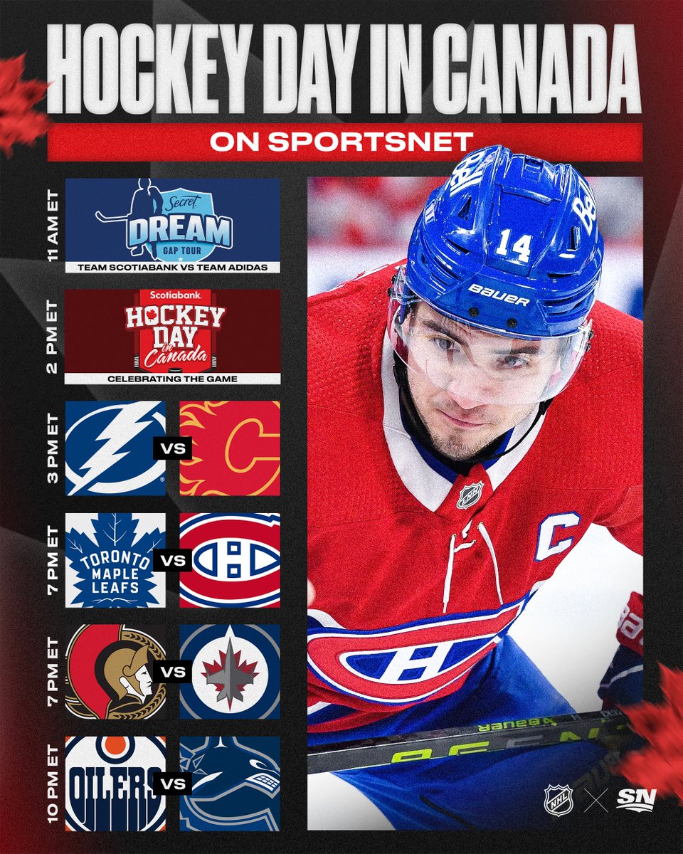 Sportsnet's tweet photo. Celebrating the roots of our game 🍁🏒

@Scotiabank Hockey Day in Canada showcases all 7 Canadian @NHL teams plus a @PWHPA Secret Dream Gap Tour matchup.

Tune into #HockeyDay this Saturday starting at 11am ET / 8am PT on Sportsnet! https://t.co/urDHLs4AeP