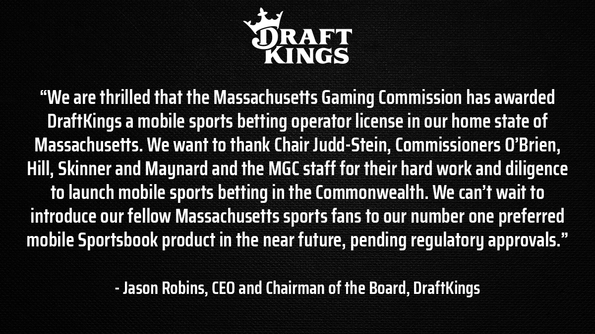 DraftKingsNews's tweet photo. DraftKings CEO Jason Robins on DK being awarded a  mobile sports betting operator license in Massachusetts. https://t.co/v2BN4qnGnJ