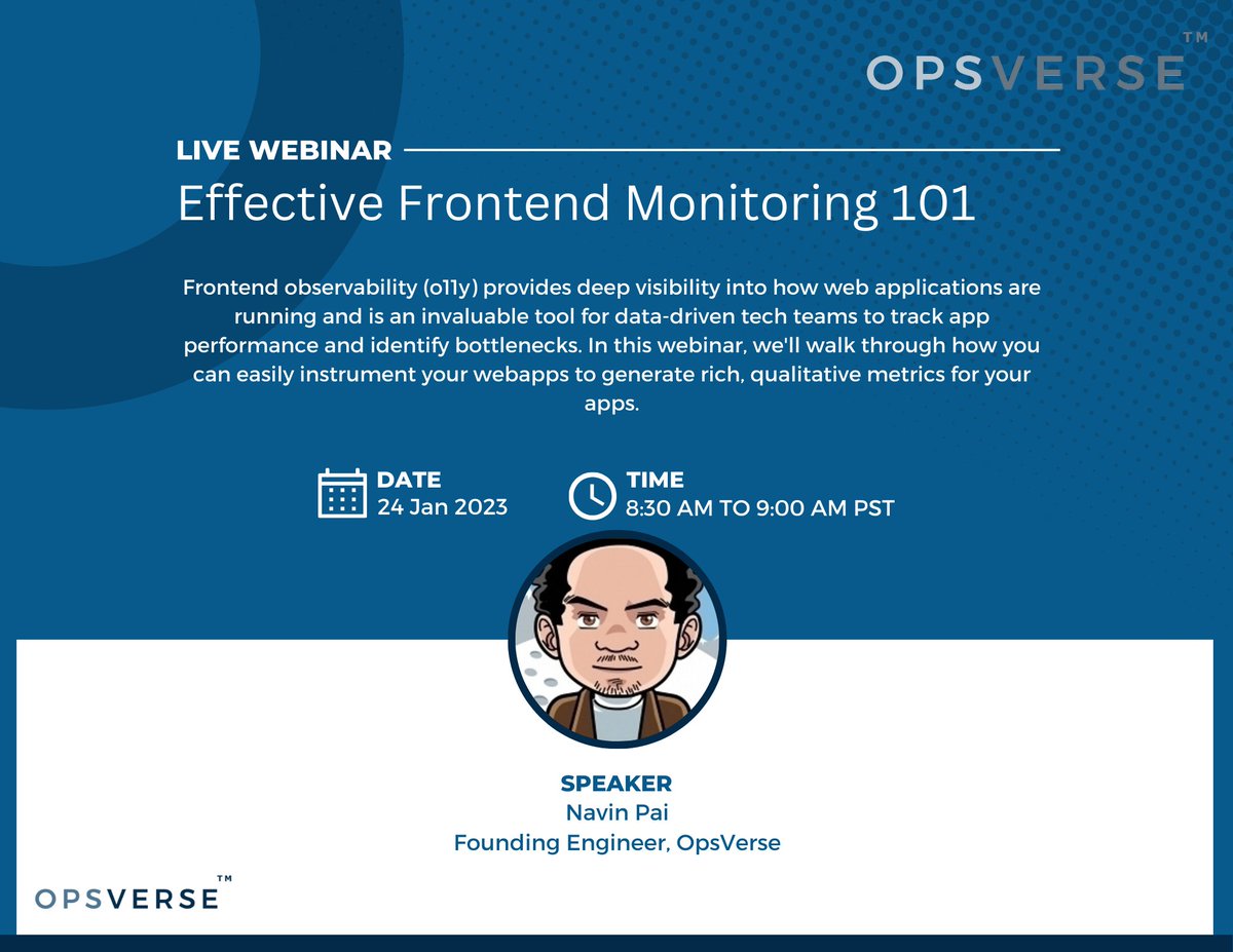 OpsVerse's tweet photo. Join our upcoming webinar "Effective Frontend Monitoring 101" and learn how Frontend o11y can give you deep visibility into your webapps and help your team track performance and identify bottlenecks.
Register now: https://t.co/X1Febbyz62
#opsverse #o11y @navinpai https://t.co/hxXsM61JCZ