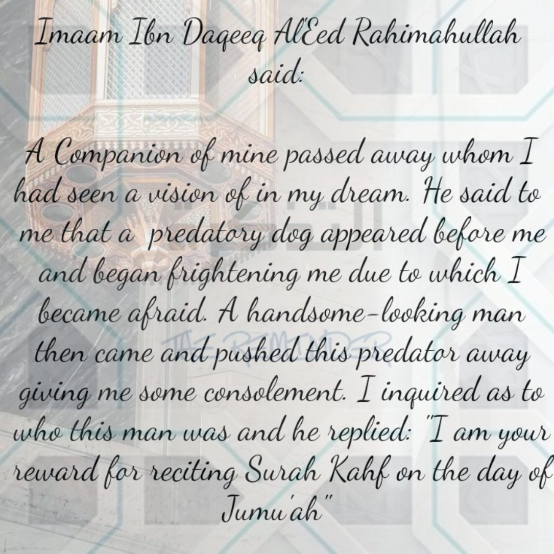mufti_mhf's tweet photo. Rasulullah ﷺ said: Whosoever recites Surah Kahf on a Friday, a light will shine for him between two Jumuahs ( from one Jumuah to the next Jumuah [Bayhaqi]  

Note: One may begin to recite from Sunset on Thursday https://t.co/LEO0V64J7o