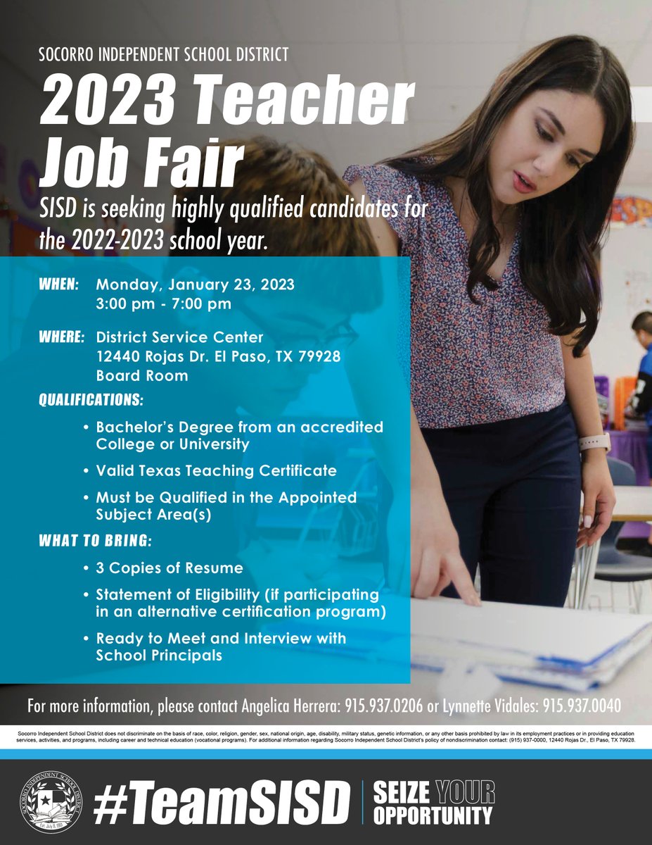 sisd_hr's tweet photo. Join us this Monday, January 23, 2023 for a Teacher Job Fair from 3:00 p.m. - 7:00 p.m. at the District Service Center's Board Room. Please see flyer below for more information. Hope to see you there! #TeamsSISD #EndlessOpportunities https://t.co/mX2yauUROH