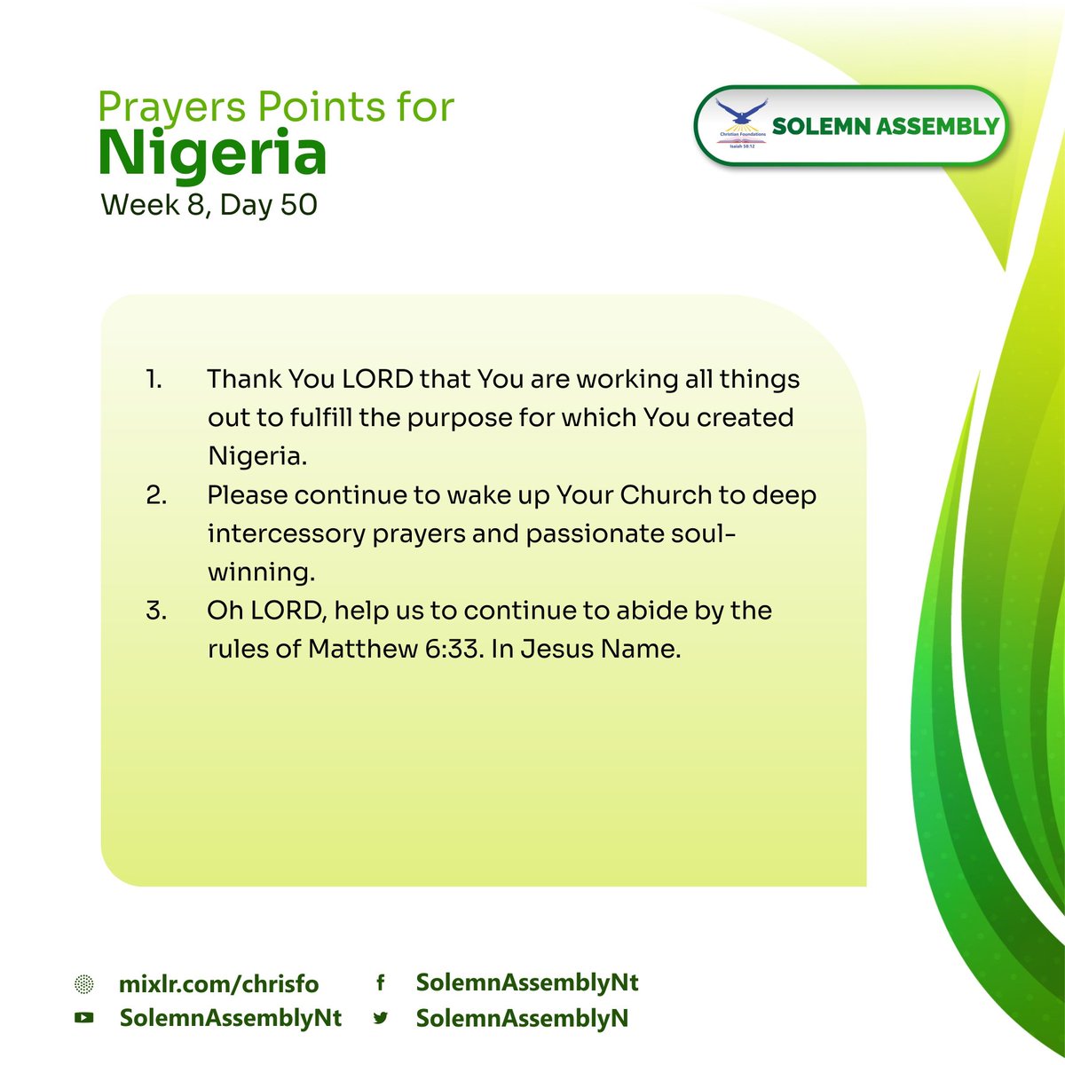 SolemnAssemblyN's tweet photo. #PrayersForNigeria Week 8, Day 50
 #NigeriaPrays #NigeriaDecides2023 #ChristianFoundations #solemnassembly https://t.co/2f1773TQpF