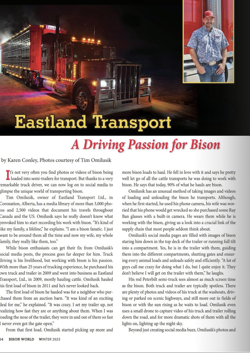Had honor to be interviewed by the <a href="/nationalbison/">National Bison Association</a> for they’re magazine Bison World last year. It was published for the winter issue. I was supposed to be a speaker at the NBA winter conference this week on the transport panel but due to my accident I could not go. Truly honored !