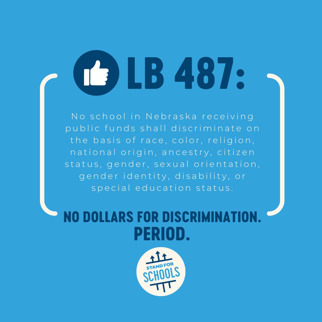 standforschools's tweet photo. We're proud to support LB 487, introduced by @NebraskaMegan, which would prohibit #Nebraska schools that discriminate against students and families from receiving public funds. 

NO institution should be rewarded for denying children an equal opportunity to learn - period. https://t.co/Yzl7D0m6MT