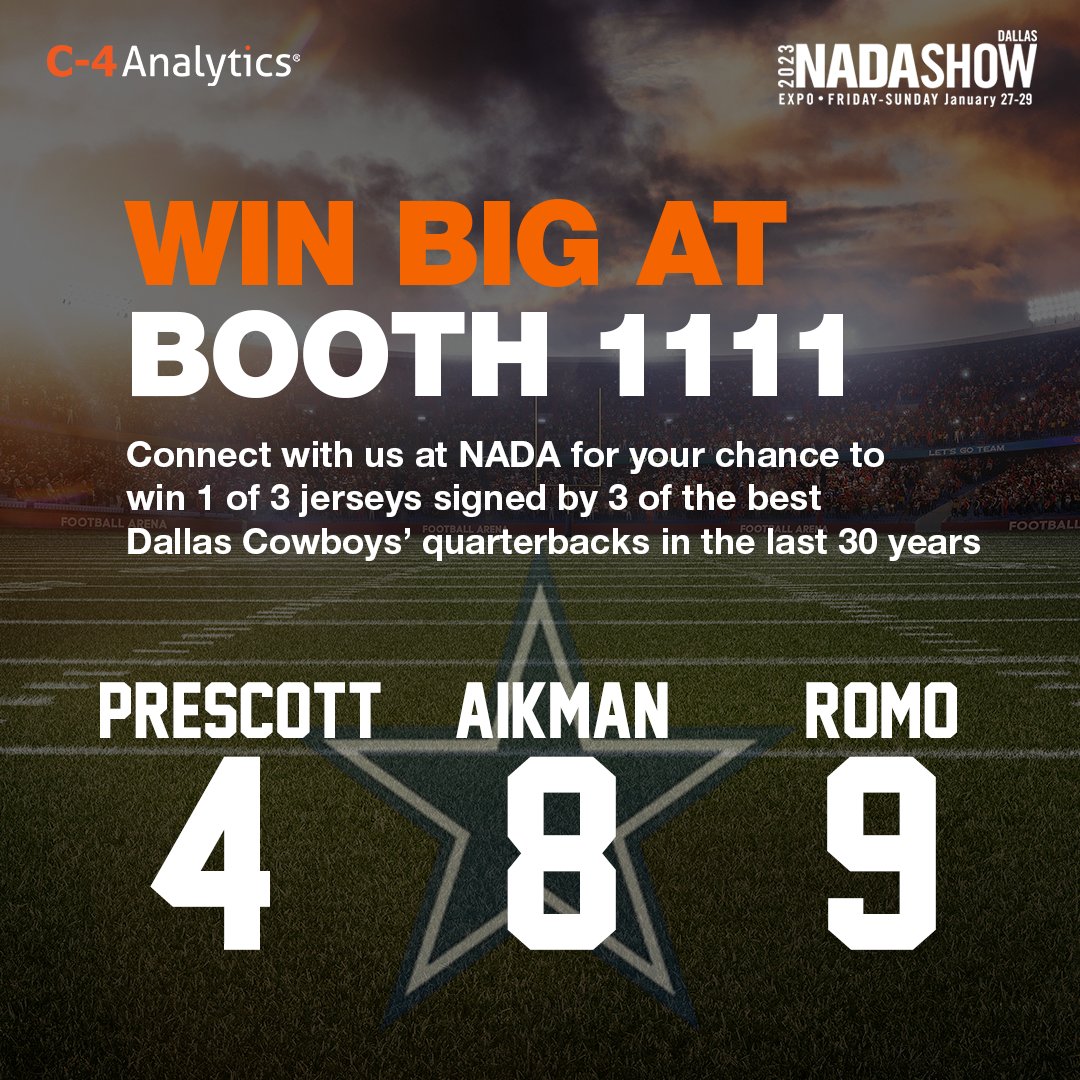 C4AnalyticsLLC's tweet photo. Stop by Booth #1111 at #NADA2023 for your chance to win a signed Dallas Cowboys jersey!

Give us 15 minutes of your valuable time and, not only will we share with you how 31% of your ad spend is wasted and how we can help you optimize it, you’ll also be entered to win. https://t.co/brCnhOwZpN
