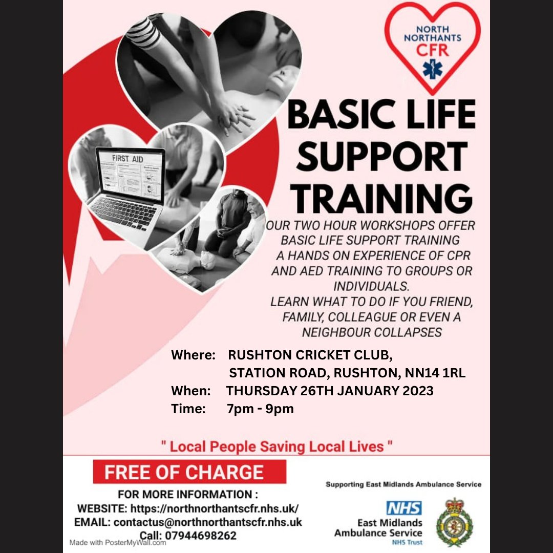 N_NorthantsCFR's tweet photo. Free #bls training next Thursday!
26th January
Rushton Cricket Club
Rushton, Northamptonshire
7pm - 9pm
Come along and learn basic life support skills of CPR and how to use an AED.
#CPR
#blstraining #learntosavealife #free #TeamNNFR https://t.co/aoktalGM7A