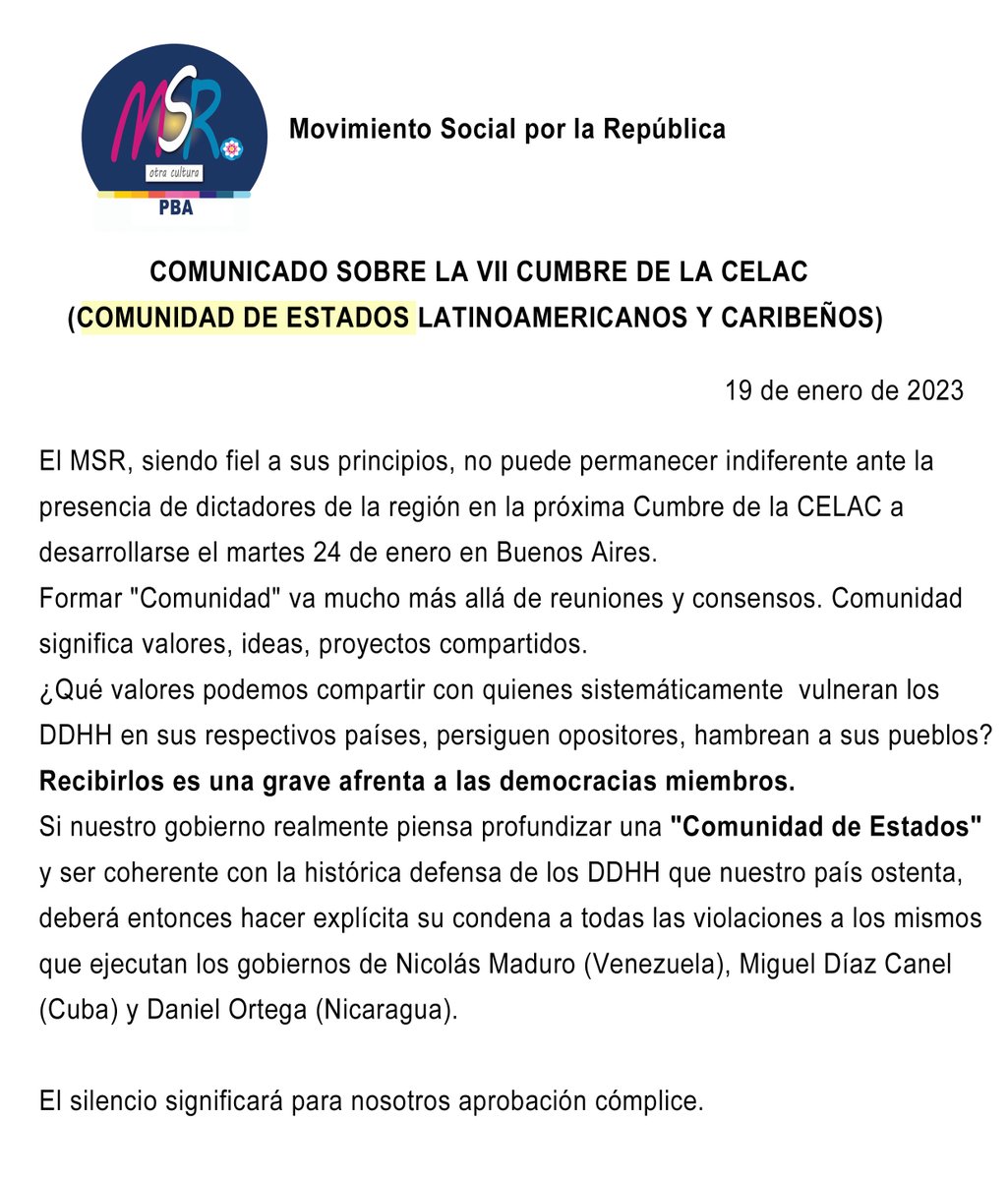 MSRepublica's tweet photo. Comunicado del @MSRepublica sobre la próxima Cumbre VII de la CELAC en Buenos Aires.
"Recibir dictadores de la región es una grave afrenta a las democracias miembros" https://t.co/dnesUstDtk