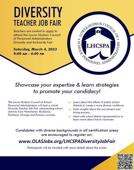 NYSASPA's tweet photo. The Annual Lower Hudson Council of School Personnel Administrators (LHCSPA) Diversity Teacher Job Fair will be held virtually on Saturday, March 4, 2023 from 9:00  a.m. - 4:00 p.m. Please see the attached flyer and registration link below:

https://t.co/DeREoHXpyj

@nboyle74 https://t.co/gRplvVHEnp
