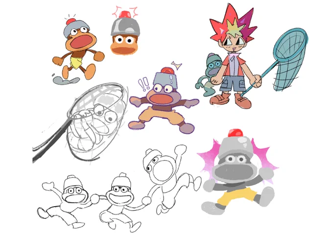 Initial ideas for my ape escape sticker design! Since it'll have a clear backing it'll be fun to stick it to different surfaces :D 