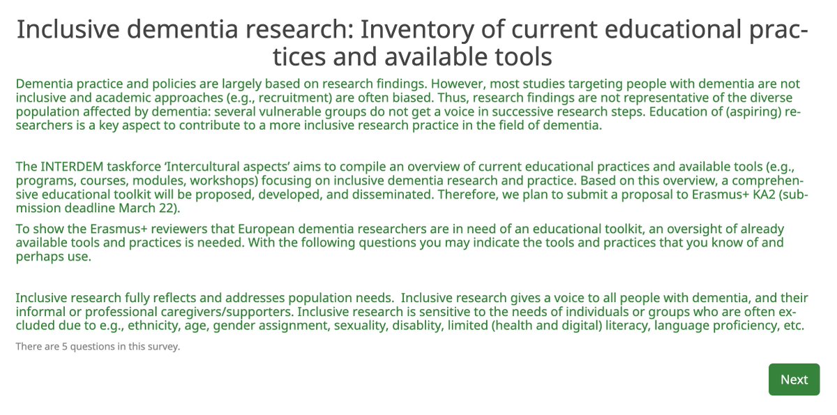 The European researchers network INTERDEM is working on a proposal for Erasmus+ funding.

To show European dementia researchers are in need of an educational toolkit, we ask you to complete this survey below!

Survey: server10.np.unimaas.nl/limesurvey/ind…