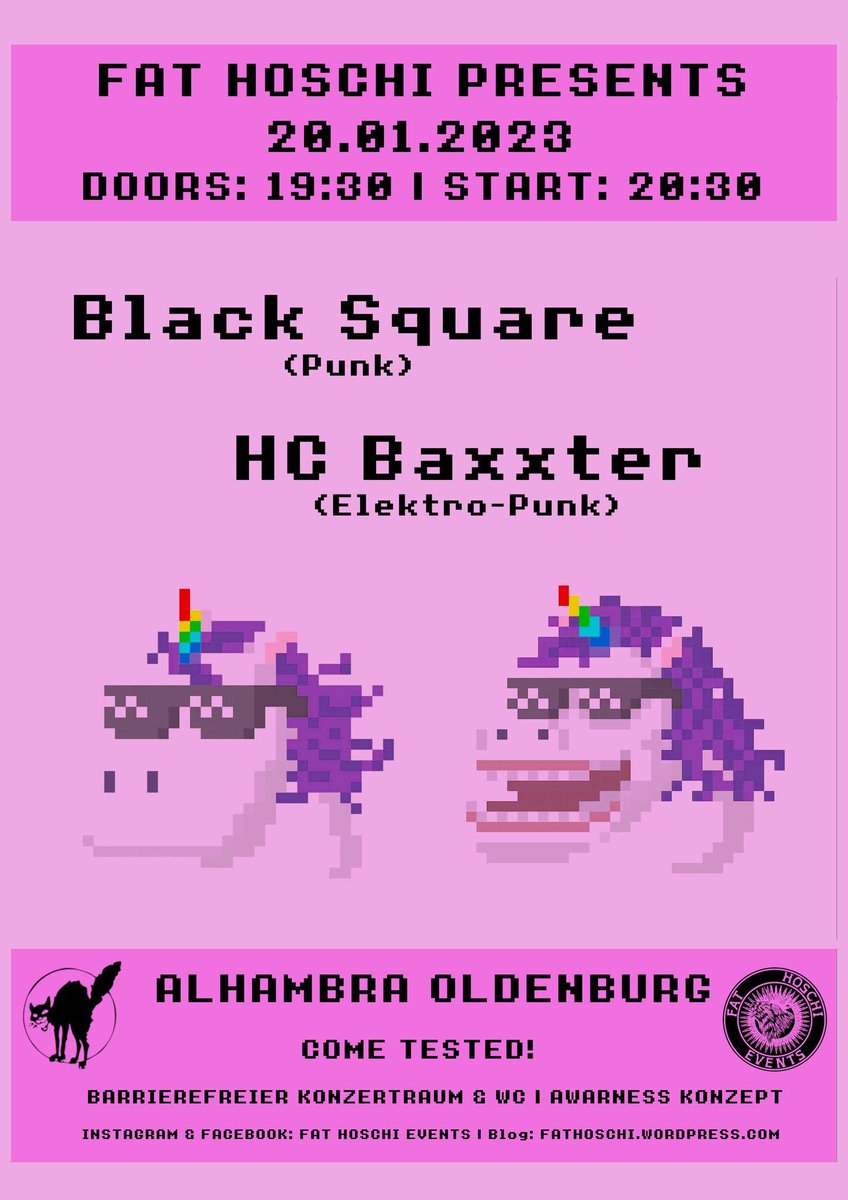 alhambra_ol's tweet photo. Black Square und HC Baxxter bitten darum, dass ihr euch die Füße wund tanzt. Bei der anschließenden Aftershow wird allen, die dann noch nicht genug haben, mit Loona, t.A.T.u und Co. noch reichlich Trash eingeschenkt.

#Alhambra #Oldenburg #Punk #Elektropunk #Deutschpunk https://t.co/2CzDVYyTni