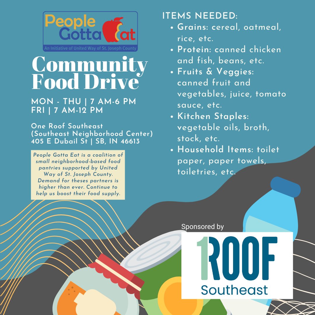 Our local food pantries need your help in keeping food available for our neighbors who need them. If you're able, please drop off any non perishable items in our ongoing community food drive at One Roof Southeast (Southeast Neighborhood Center.) Please share!