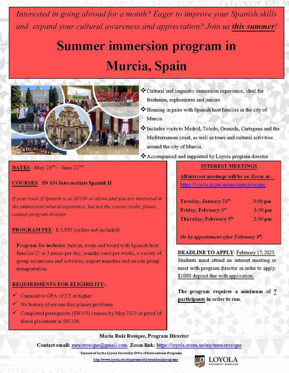 Hey hounds! Have you considered going abroad for the summer? Want to improve your Spanish skills? Check out this awesome program available to students wanting to take SN104 in Murcia, Spain! Attend one of the interest meetings this semester for more information ✈📚