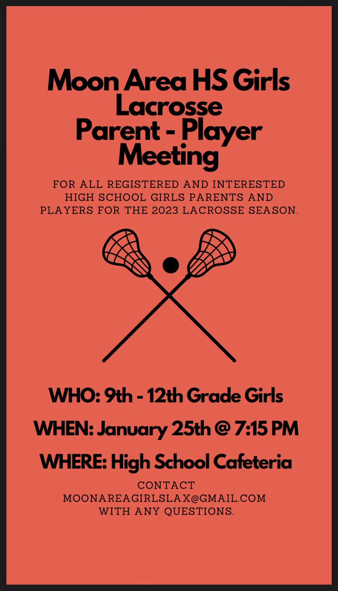 Any new or interested high school girls lacrosse players should attend the informational meeting on January 25 at 7:15! We will be meeting in the high school cafeteria. Any questions? Email moonareagirlslax@gmail.com. This is your chance to be part of an amazing team!