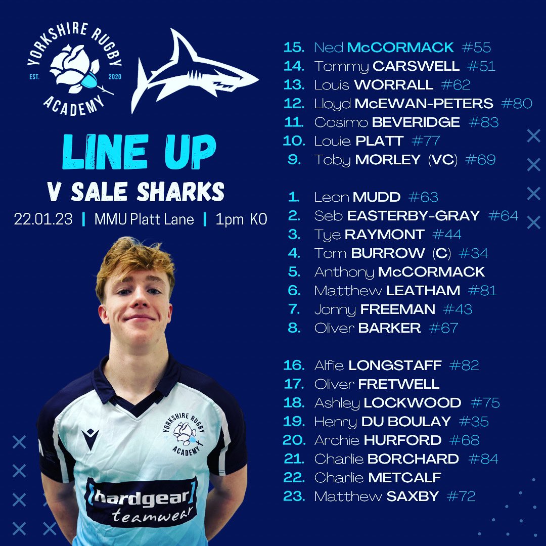 YorksRugbyAcad's tweet image. A BIG response needed as Yorkshire travel across the Pennines to face @SaleSharksAcad 

🙌🏼 Congratulations to the selected 23 and thank you for the ongoing support from their schools and clubs

🗓 Sun 22nd Jan
🆚 Sale Sharks 🦈
📍 MMU Platt Lane Sports Complex
⏰ 1pm KO