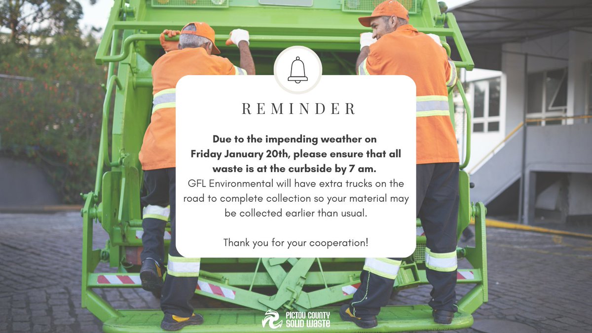 🚨 Due to the impending weather on Friday January 20th, GFL will have extra vehicles on the collection routes. Material may be collected earlier than usual so please ensure all material is at the curb by 7:00am to ensure collection. Thank you for your cooperation!