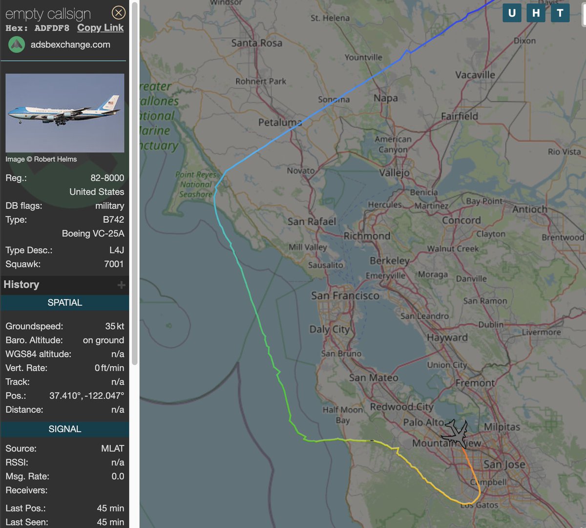 WestMarinFeed's tweet image. After years of casual planespotting, WMF was on a zoom call and missed POTUS flying over Point Reyes on his way to Moffett Field. Thanks to @DJSnM for the tip.