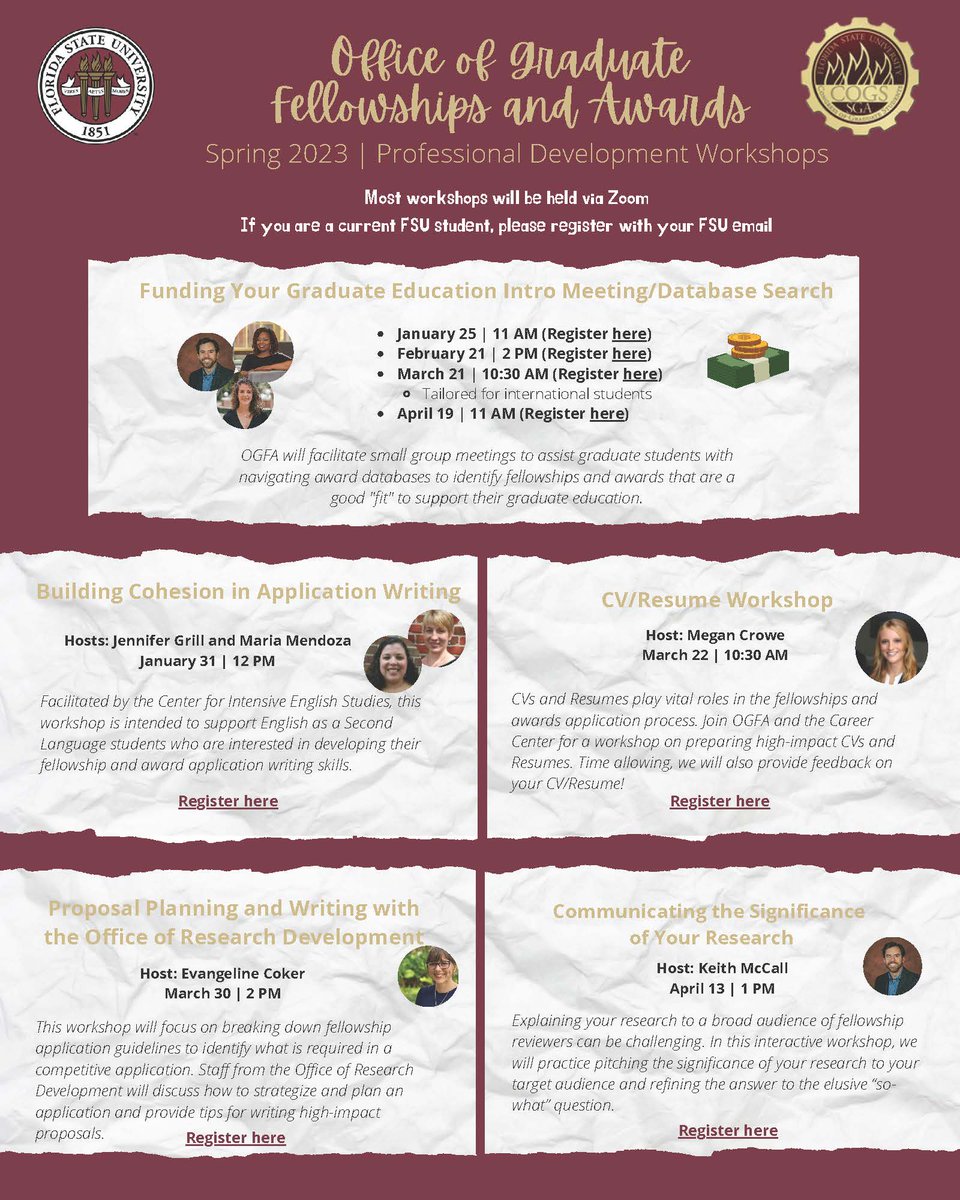 As you settle into the new semester, check out  our Professional Development Workshop Series ogfa.fsu.edu/resources/work… where we bring you the inside scoop on what you need to know and be able to do to identify and apply for graduate fellowships & awards. #gradimpact @FSUGradSchool