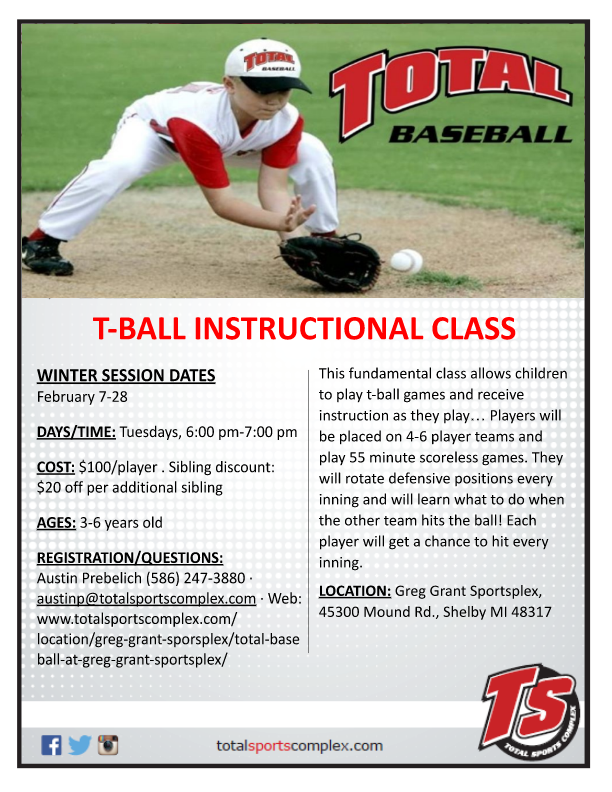 Total_Baseball's tweet image. TOTAL BASEBALL- Shelby Twp -Registration is open for the classes below:
-FUNDAMENTALS OF PITCHING (Feb 6-27)
-HITTING REPS (Feb 8-Mar 8)
-TBALL INSTRUCTIONAL (Feb 7-28)
Email austinp@totalsportscomplex.com for registration/more info or Call 586-247-3880
totalsportscomplex.com/location/greg-…