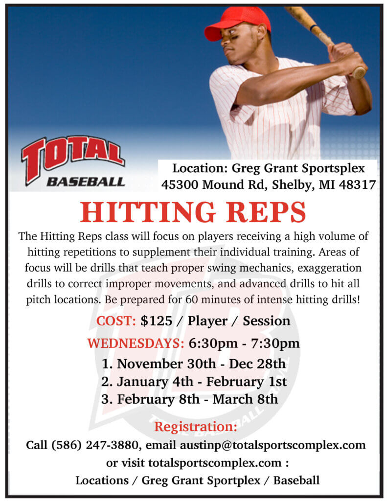 Total_Baseball's tweet image. TOTAL BASEBALL- Shelby Twp -Registration is open for the classes below:
-FUNDAMENTALS OF PITCHING (Feb 6-27)
-HITTING REPS (Feb 8-Mar 8)
-TBALL INSTRUCTIONAL (Feb 7-28)
Email austinp@totalsportscomplex.com for registration/more info or Call 586-247-3880
totalsportscomplex.com/location/greg-…