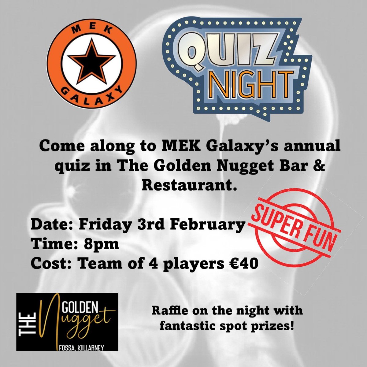 🟠⚫️QUIZ NIGHT🟠⚫️

Save the date. Come and join us Friday 3rd Feb for a night of fun! Fantastic spot prizes on the night!MEK Galaxy F.C.<a href="/mekgalaxyfc/">Mek Galaxy FC</a>