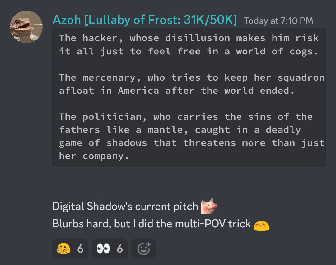 Blurb for next book! 

Current lineup:
- epic fantasy (beta)
- grim fantasy (alpha)
- cyberpunk with realistic hacking (outlining)

(for anyone confused and waiting for Zed videos still, I'm trying to become an author while working infosec 😊)