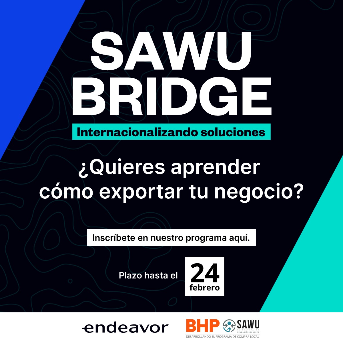 sawu_cl's tweet photo. Si eres proveedor SAWU y quieres internacionalizar tu empresa, ¡inscríbete en SAWU Bridge, nuestro programa de capacitación desarrollado y gestionado en alianza con @endeavorchile!
Inscríbete en https://t.co/TH675Ow6hs https://t.co/jHKwnSmeCb